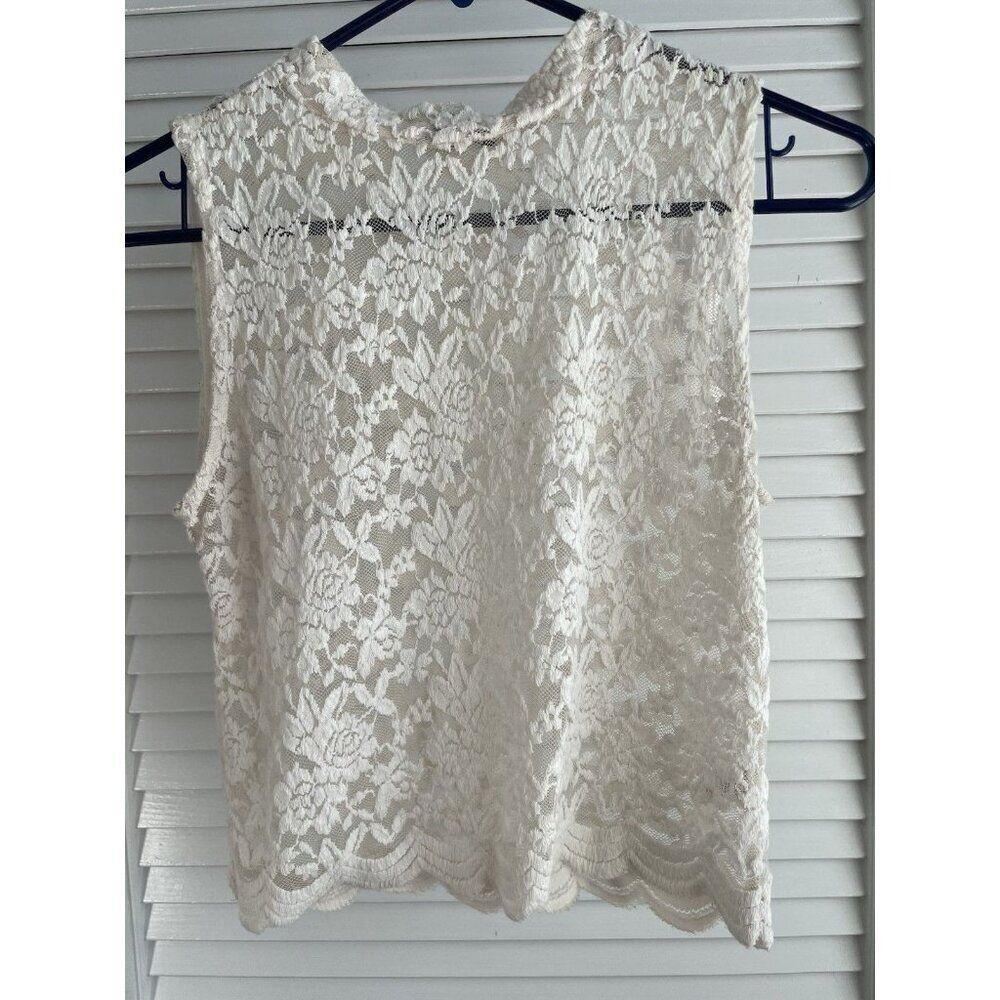 Ambiance Ivory Cropped Lace Shear Women's Shirt Mock Neck Size M